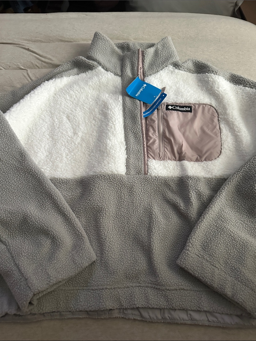 Columbia White, Gray & Taupe Sherpa Half-Zip Pullover